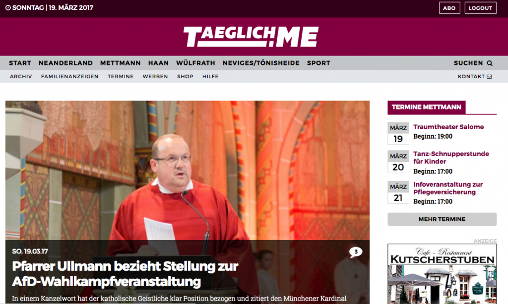 Sreenshot Startseite Taeglich.ME, Hauptmeldung: "Pfarrer Ullmann bezieht Stellung zur AfD-Wahlkampfveranstaltung"