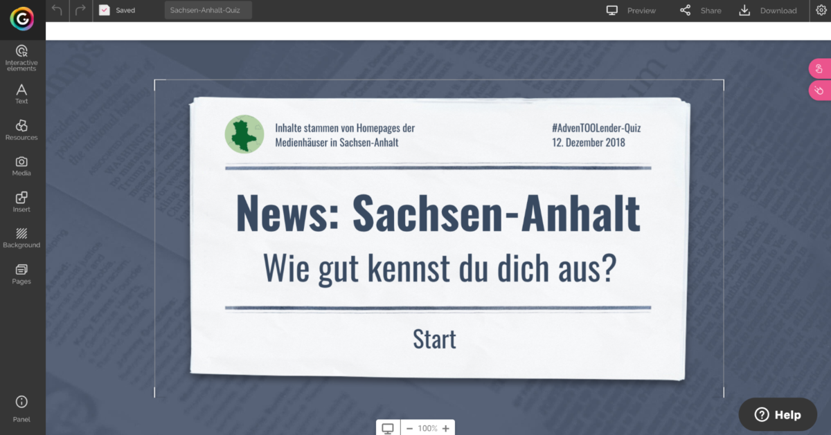 Der Screenshot zeigt die Arbeitsfläche im Tool.