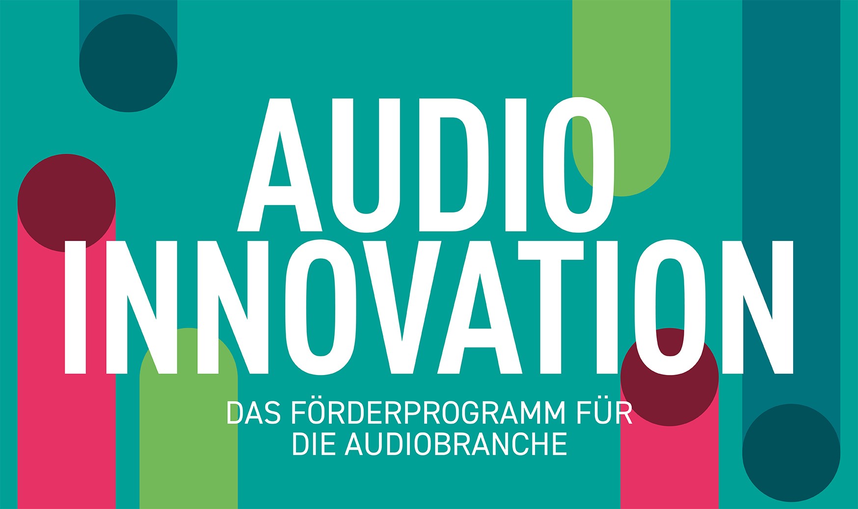 Bunte Grafik des Förderprogramms Audio Innovation (rote, grüne, blaue Striche auf petrolfarbenem Grund=