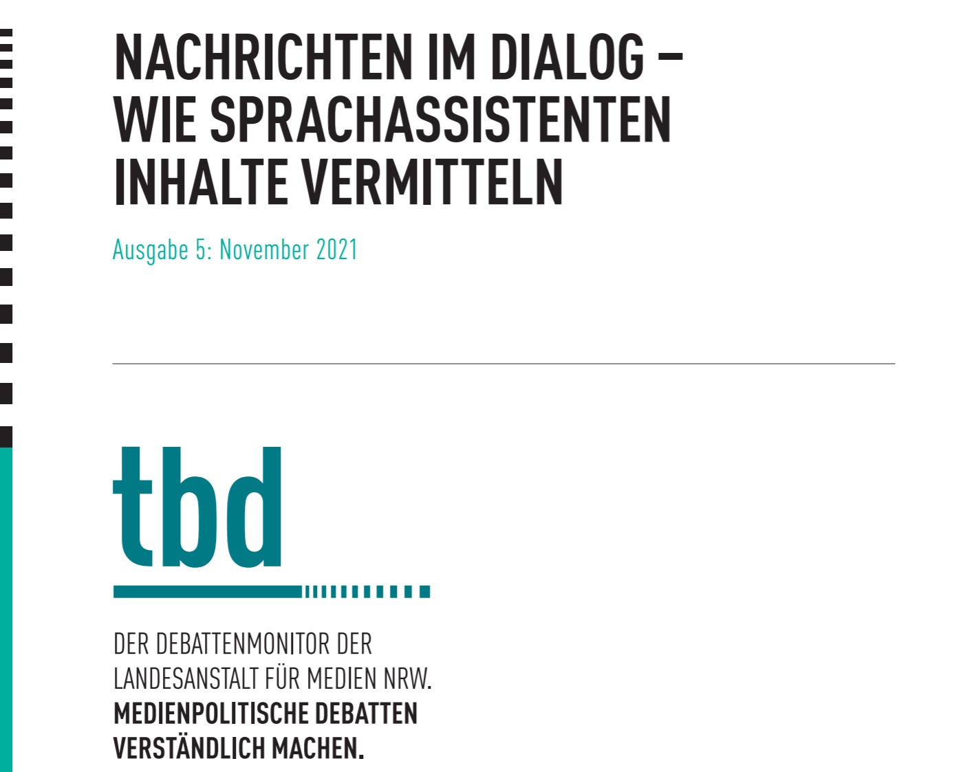 Screenshot Titelseite tbd-Debattenmonitor "Nachrichten im Dialog - Wie Sprachassistenten Inhalte vermitteln"